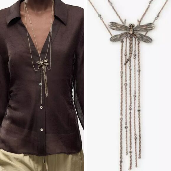 New ZARA Double Dragonfly Fringe Boho Necklace - Picture 1 of 14
